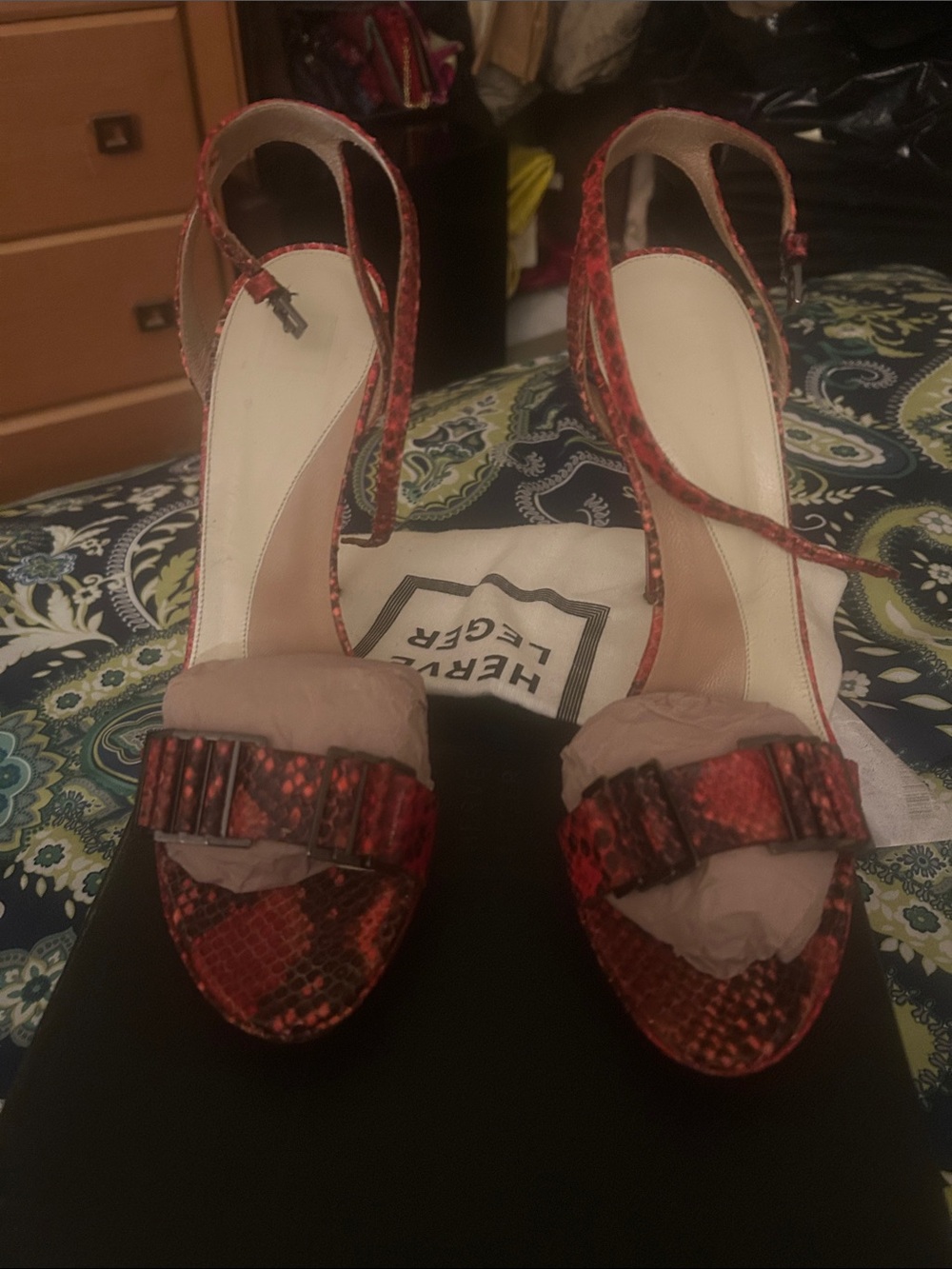 Herve Leger Red Snake-Print Stiletto Sandals - Picture 2 of 15